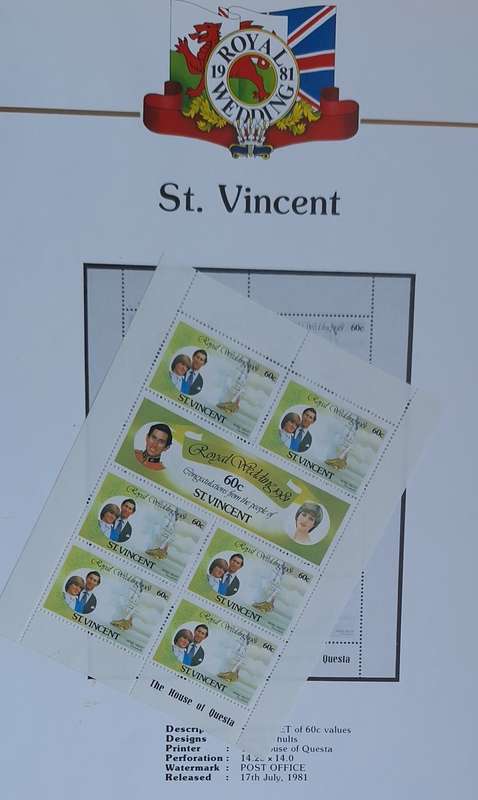 Official Royal Wedding 1981 Album Page ST. VINCENT  with Mint Sheetlet of 6 x 60c stamps