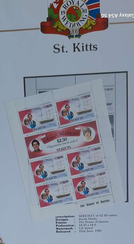 Official Royal Wedding 1981 Album Page ST. KITTS  with Mint Sheetlet of 6 x $2.50 stamps