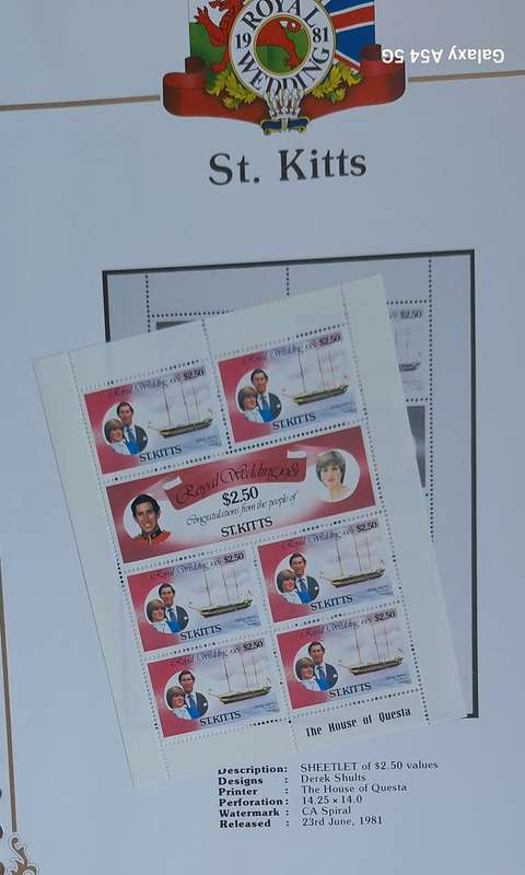 Official Royal Wedding 1981 Album Page ST. KITTS  with Mint Sheetlet of 6 x $2.50 stamps