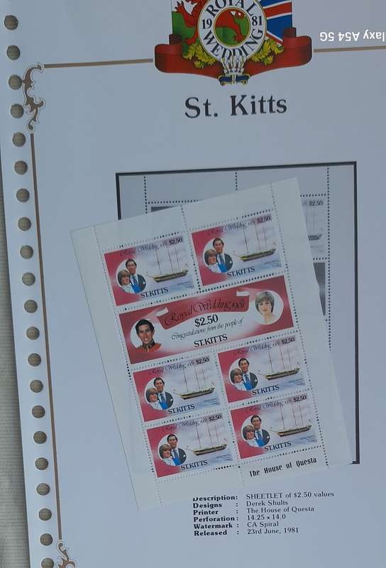 Official Royal Wedding 1981 Album Page ST. KITTS  with Mint Sheetlet of 6 x $2.50 stamps