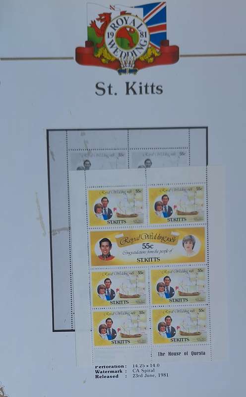 Official Royal Wedding 1981 Album Page ST. KITTS  with Mint Sheetlet of 6 x 55c stamps