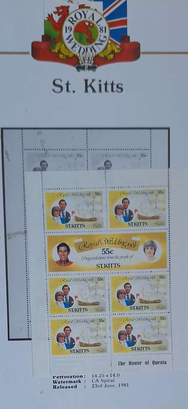 Official Royal Wedding 1981 Album Page ST. KITTS  with Mint Sheetlet of 6 x 55c stamps