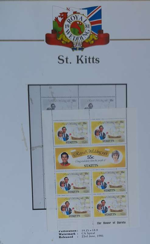 Official Royal Wedding 1981 Album Page ST. KITTS  with Mint Sheetlet of 6 x 55c stamps