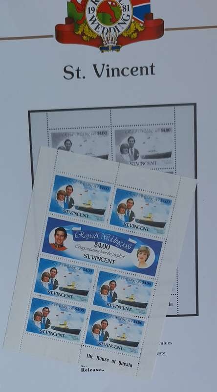 Official Royal Wedding 1981 Album Page ST. VINCENT  with Mint Sheetlet of 6x$2.50 stamps