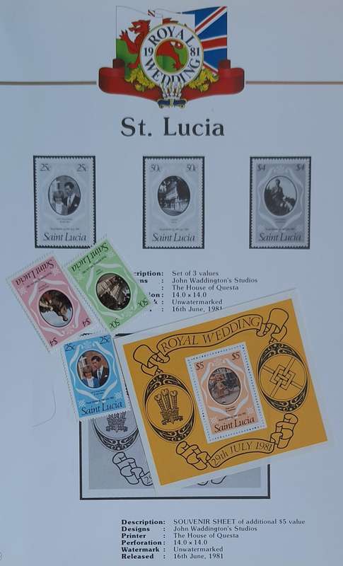 Official Royal Wedding 1981 Album Page ST. LUCIA with Mint Souvenir Sheetlet of 3 Mint value stamps