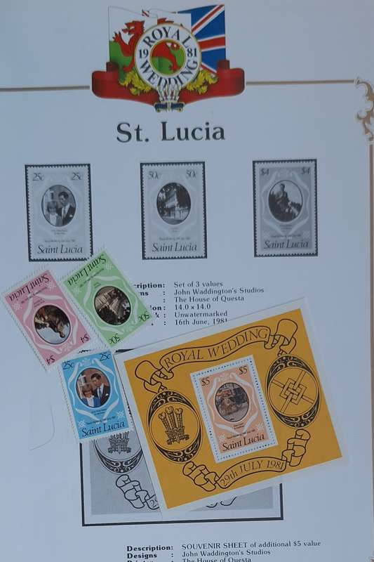 Official Royal Wedding 1981 Album Page ST. LUCIA with Mint Souvenir Sheetlet of 3 Mint value stamps