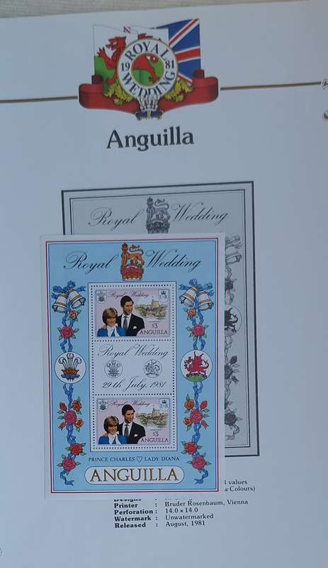 Official Royal Wedding 1981 Album Page ANGUILLA with Mint Sheetlet of 2 x $3 plus gutter tab stamps