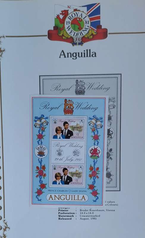Official Royal Wedding 1981 Album Page ANGUILLA with Mint Sheetlet of 2 x $3 plus gutter tab stamps
