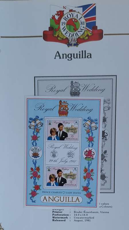 Official Royal Wedding 1981 Album Page ANGUILLA with Mint Sheetlet of 2 x $3 plus gutter tab stamps