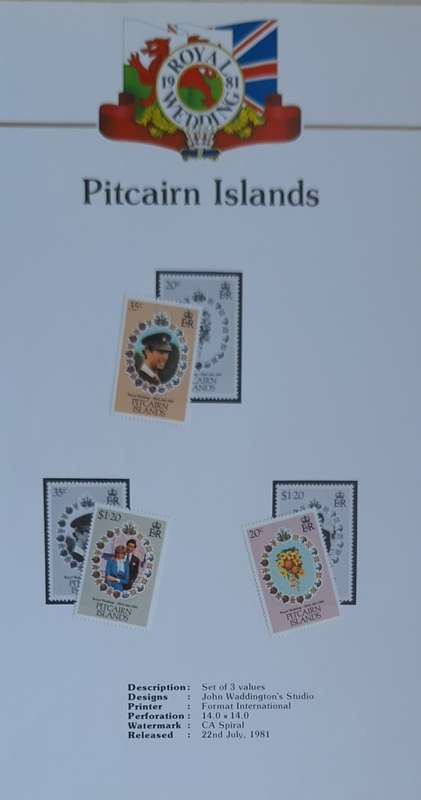 Official Royal Wedding 1981 Album Page PITCAIRN ISLANDS with Set of 3 values Mint stamps