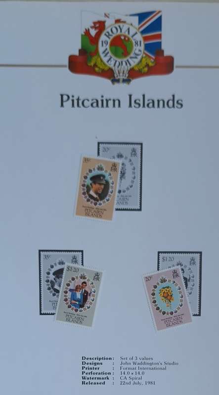 Official Royal Wedding 1981 Album Page PITCAIRN ISLANDS with Set of 3 values Mint stamps