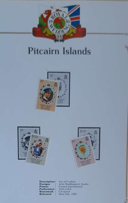 Official Royal Wedding 1981 Album Page PITCAIRN ISLANDS with Set of 3 values Mint stamps