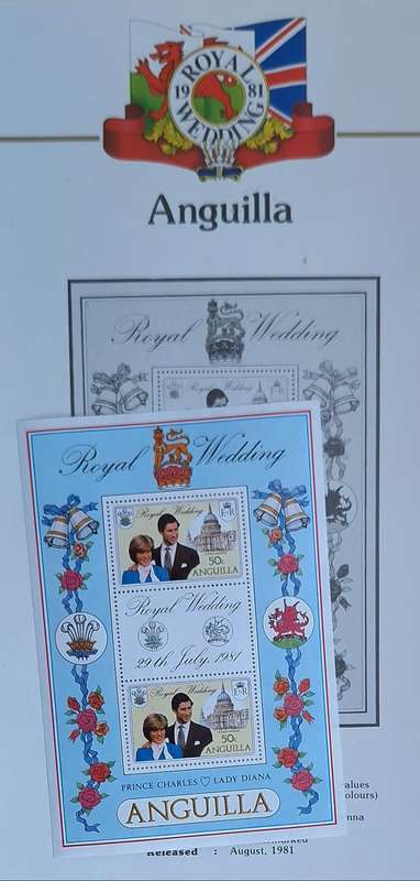 Official Royal Wedding 1981 Album Page ANGUILLA with Mint Sheetlet of 2 x 60c plus gutter tab stamps