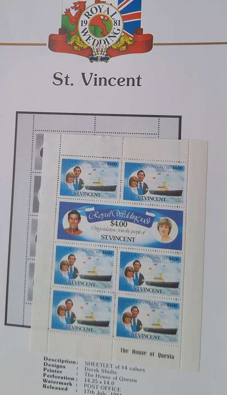 Official Royal Wedding 1981 Album Page ST. VINCENT  with Mint Sheetlet of 6 x $4.00 stamps