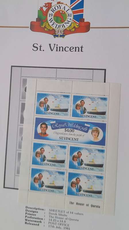 Official Royal Wedding 1981 Album Page ST. VINCENT  with Mint Sheetlet of 6 x $4.00 stamps