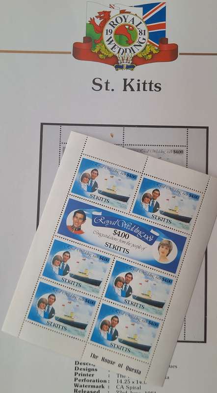 Official Royal Wedding 1981 Album Page ST. KITTS  with Mint Sheetlet of 6 x $2.50 stamps