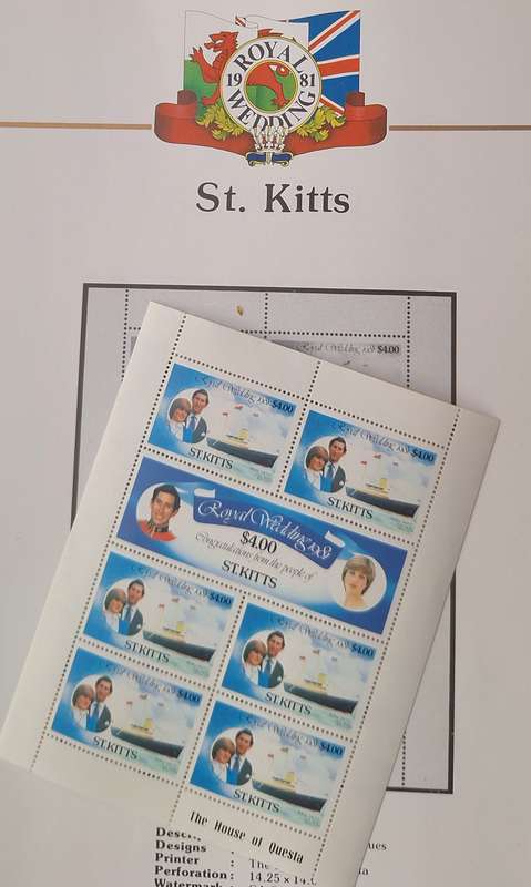 Official Royal Wedding 1981 Album Page ST. KITTS  with Mint Sheetlet of 6 x $2.50 stamps