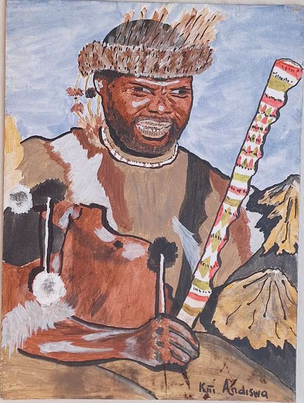 Unframed Painting on Canvas of Traditional African Warrior by Kiti Andiswa
