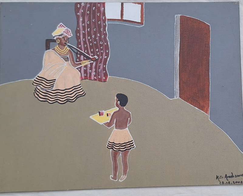Unframed Painting on Canvas of Traditional African Scene by Kiti Andiswa