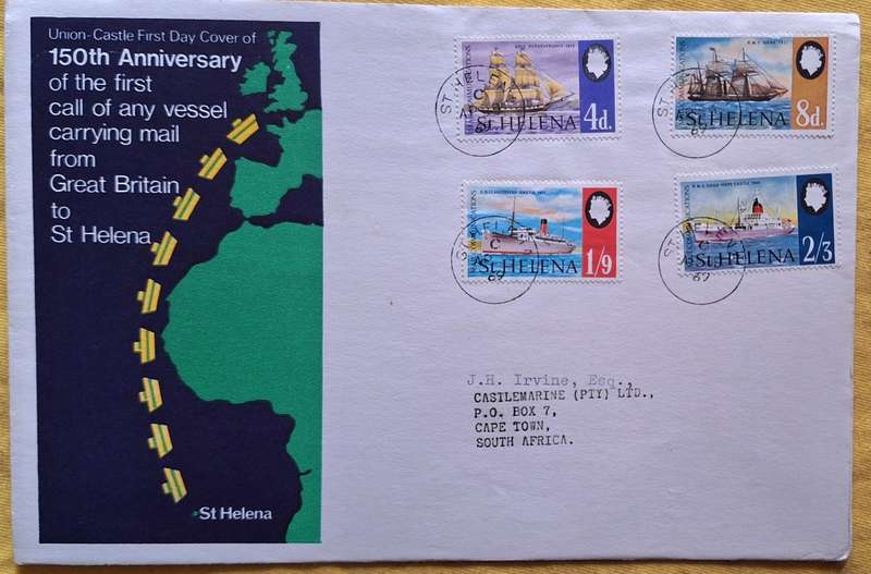 St Helena 1969 Union Castle FDC 150th Anniversary 1st Mail Carrying Vessel from Great Britain