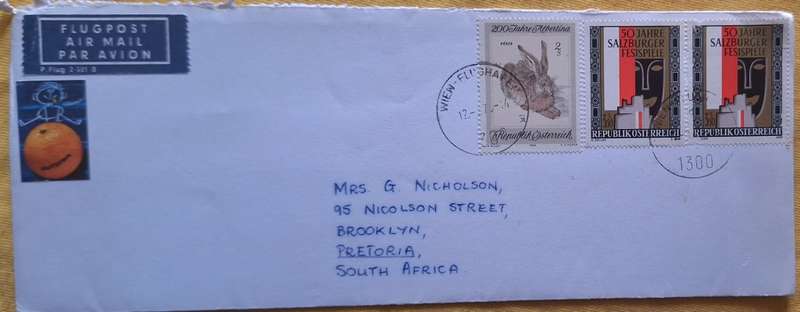 Germany 1970`s Envelope Posted from Austria to Pretoria