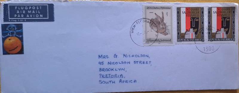 Germany 1970`s Envelope Posted from Austria to Pretoria
