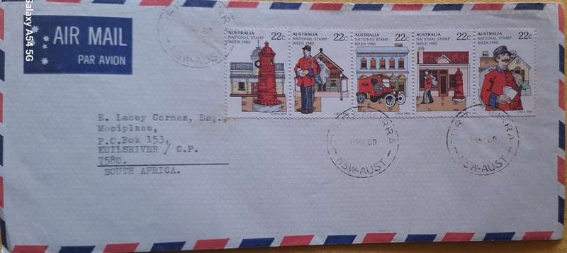 Australia 1980 Envelope posted to South Africa with Set of 5 National Stamp Week stamps