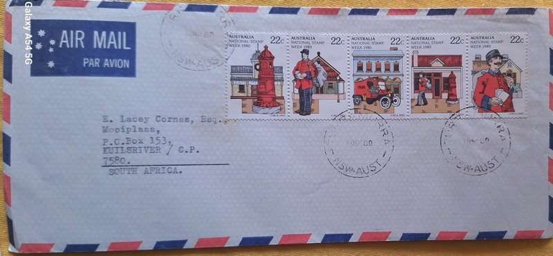 Australia 1980 Envelope posted to South Africa with Set of 5 National Stamp Week stamps