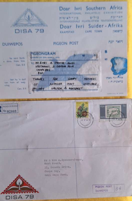 South Africa Disa 79 Pigeon Post Duiwepos Registered Envelope and Pigeongram