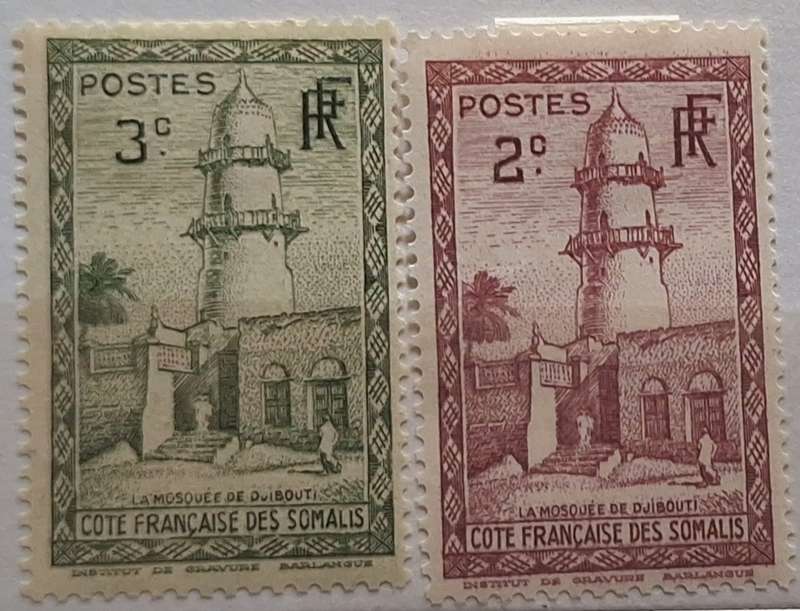 French Somali 1938-40 Mosque of Djibouti 2 Unused Hinged stamps