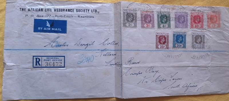 Registered Envelope posted to Cape Town with 9 George VI Mauritius 1938-49 low value stamps