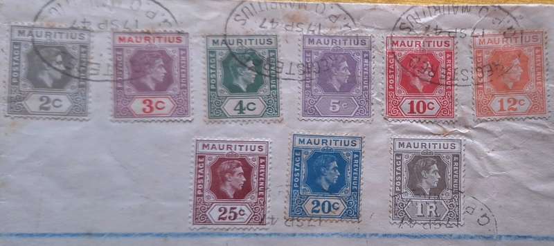 Registered Envelope posted to Cape Town with 9 George VI Mauritius 1938-49 low value stamps