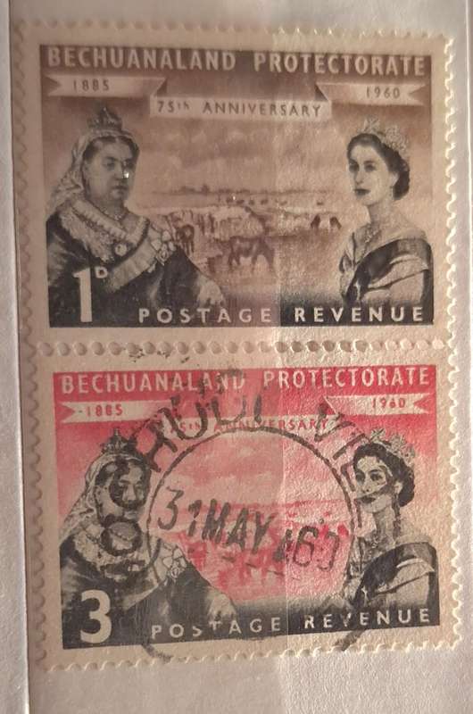 Bechuanaland Protectorate 1960 75th Anniversary 1 Unused and 1 Used both hinged stamps