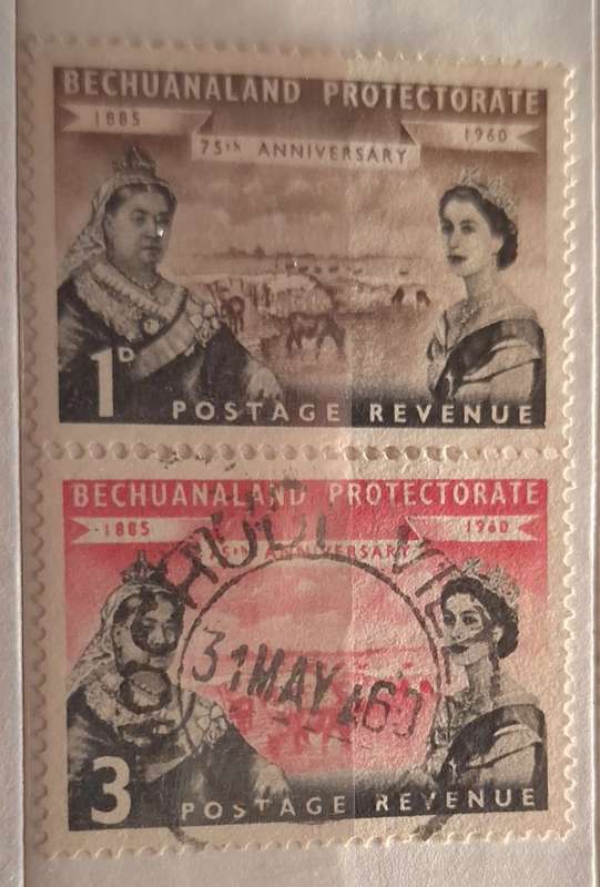 Bechuanaland Protectorate 1960 75th Anniversary 1 Unused and 1 Used both hinged stamps