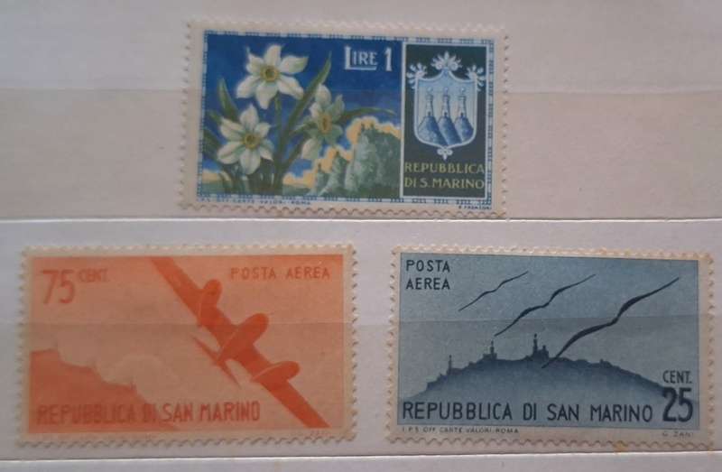 San Marino 1946 Wings Over Mt. Titano and 1953 Flowers 3 Unused Hinged stamps
