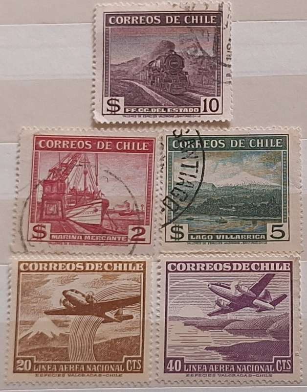 Chile 1938 Definitives 3 Used Hinged stamps and 1950 Aeroplanes 2 Unused Hinged stamps Theme: Transp