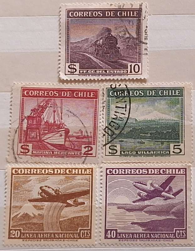 Chile 1938 Definitives 3 Used Hinged stamps and 1950 Aeroplanes 2 Unused Hinged stamps Theme: Transp