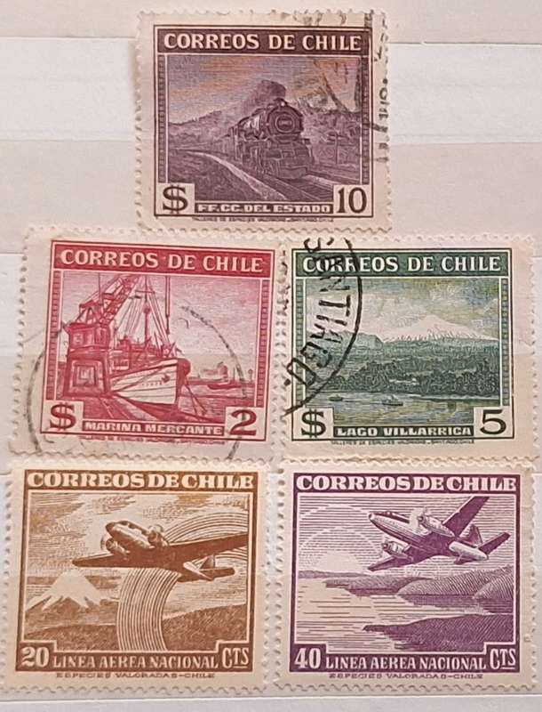 Chile 1938 Definitives 3 Used Hinged stamps and 1950 Aeroplanes 2 Unused Hinged stamps Theme: Transp