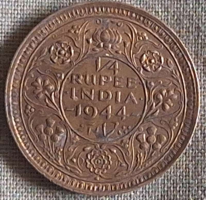 INDIA 1944 B George VI 1/4 Rupee Silver