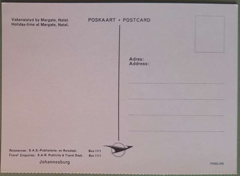 SAR Travel Bureau SAS-Reisburo Post Card of Margate, Natal