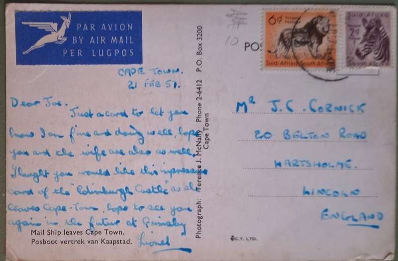 Post Card by Terence J McNally of Mail Ship Leaves Cape Town