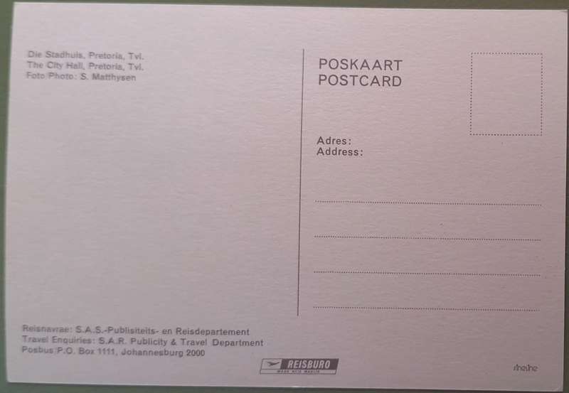 SAR Travel Bureau SAS-Reisburo Post Card of Pretoria City Hall