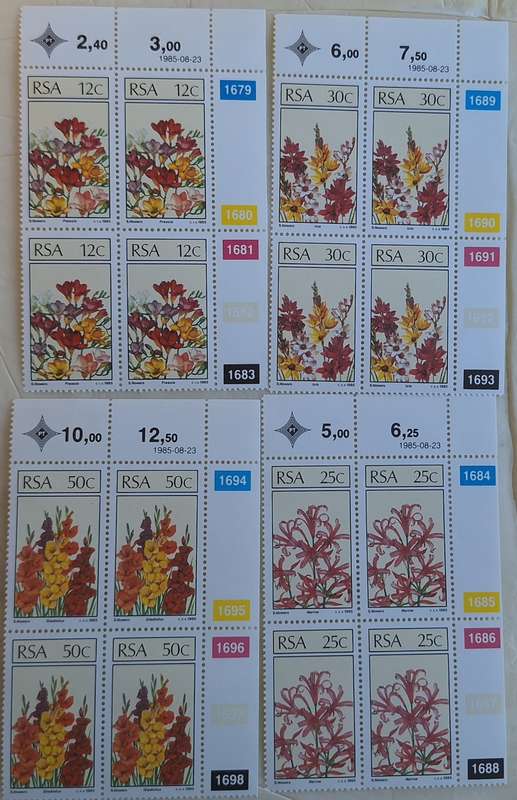 South Africa 1985 Floral Emigrants Set of 4 Mint Control Blocks