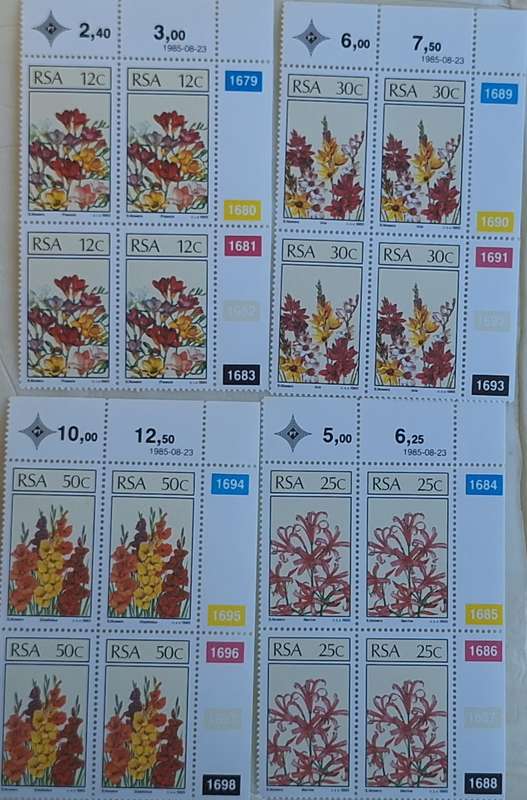 South Africa 1985 Floral Emigrants Set of 4 Mint Control Blocks