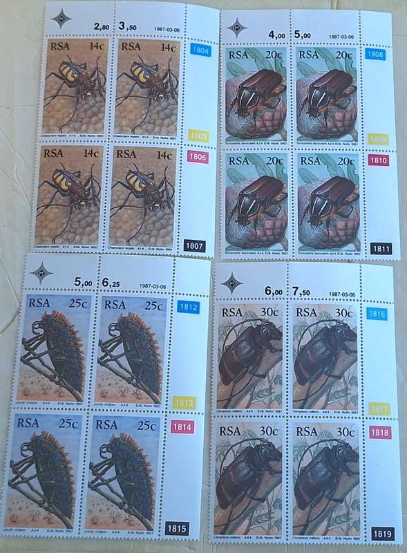 South Africa 1987 Insects Set of 4 Mint Control Blocks