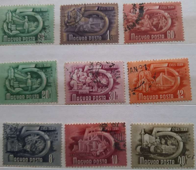 Hungary 1950 Definitives: 5 Years Plan 8 Used Hinged stamps (Plus 1 duplicate)