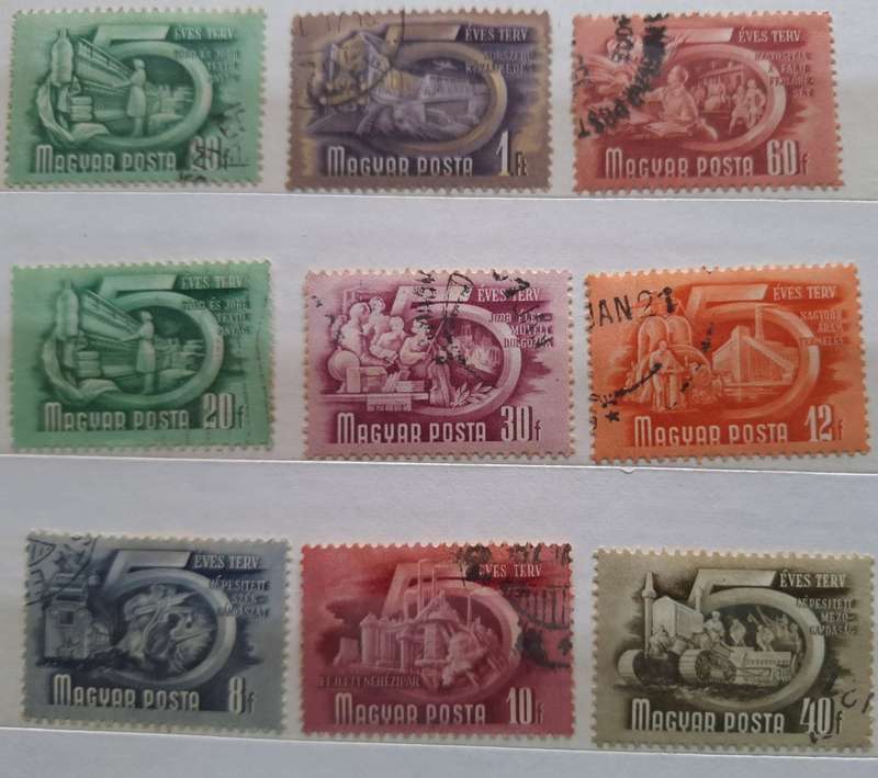 Hungary 1950 Definitives: 5 Years Plan 8 Used Hinged stamps (Plus 1 duplicate)