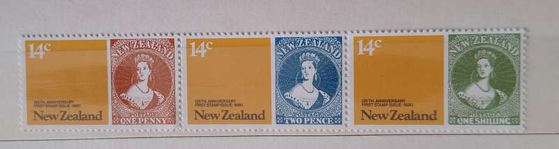 New Zealand 1980 125 Anniversary First Postage Stamps Joined Strip of 3 Mint stamps