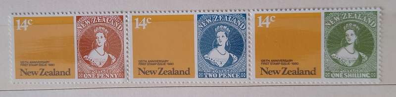 New Zealand 1980 125 Anniversary First Postage Stamps Joined Strip of 3 Mint stamps