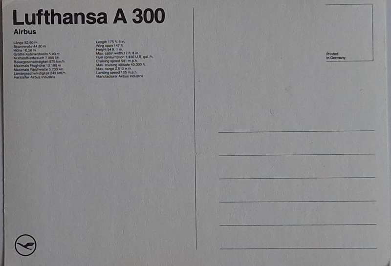 Post Card Lufthansa A 300 Airbus Printed in Germany